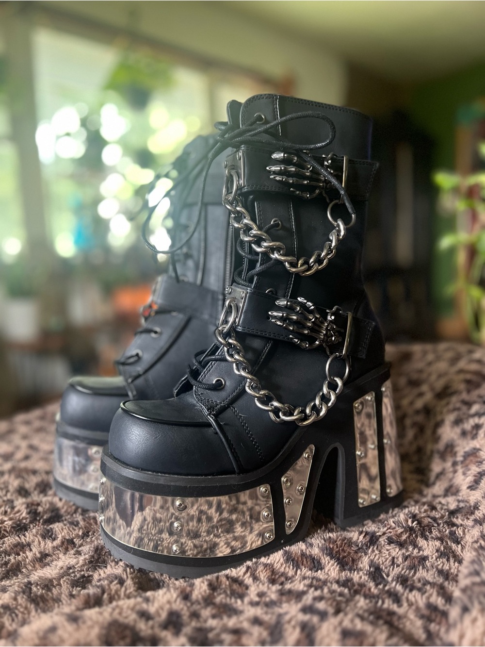 Demonia Black Platform Lace-Up Boots with Silver Hardware